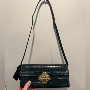 Maje Bouletille Croc Embossed Leather Clutch Crossbody Bag Green Gold NWT
